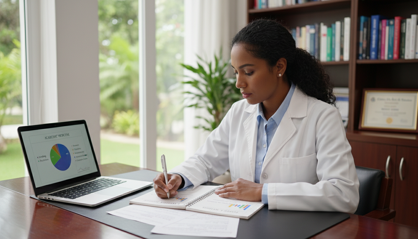 Addiction medicine physician comparing academic and private practice career options on a notepad - Caribbean medical school r