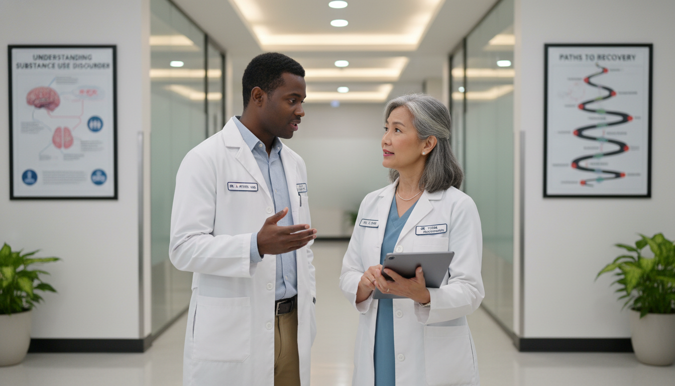 Caribbean IMG in an addiction medicine clinic with mentor discussing patient care Caribbean IMG in an addiction medicine clinic with mentor discussing patient care - Caribbean medical school residency for H-