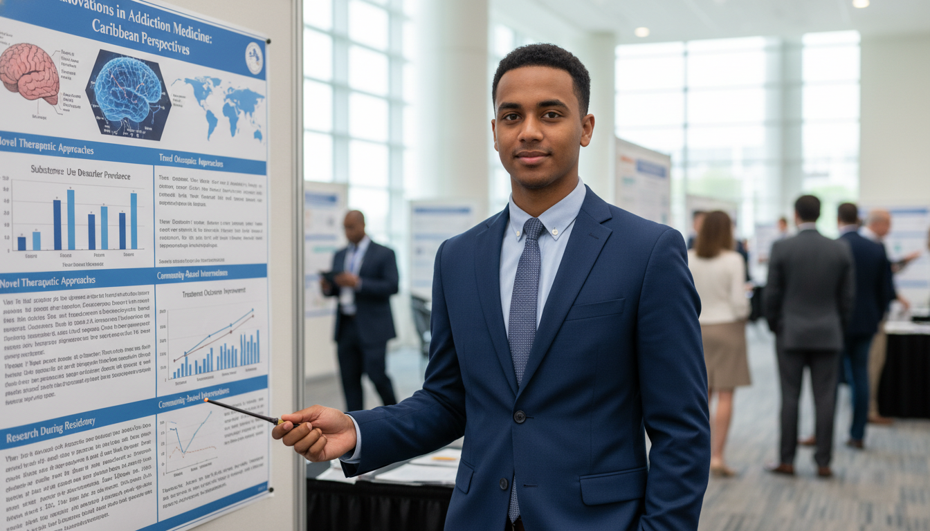 Resident presenting addiction medicine research poster - Caribbean medical school residency for Research During Residency for