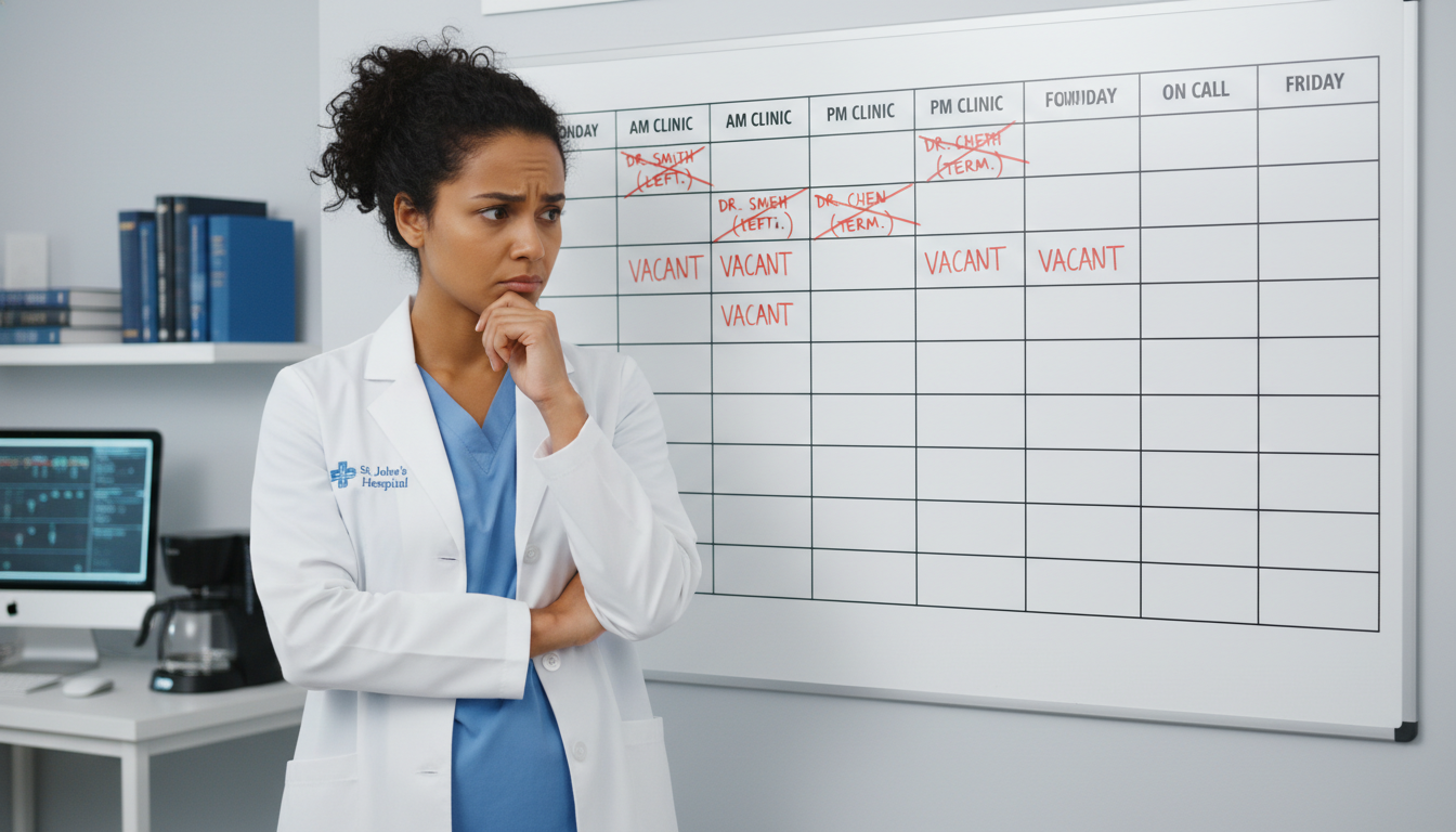 Concerned addiction medicine resident looking at schedule board with gaps Concerned addiction medicine resident looking at schedule board with gaps - Caribbean medical school residency for Resident T