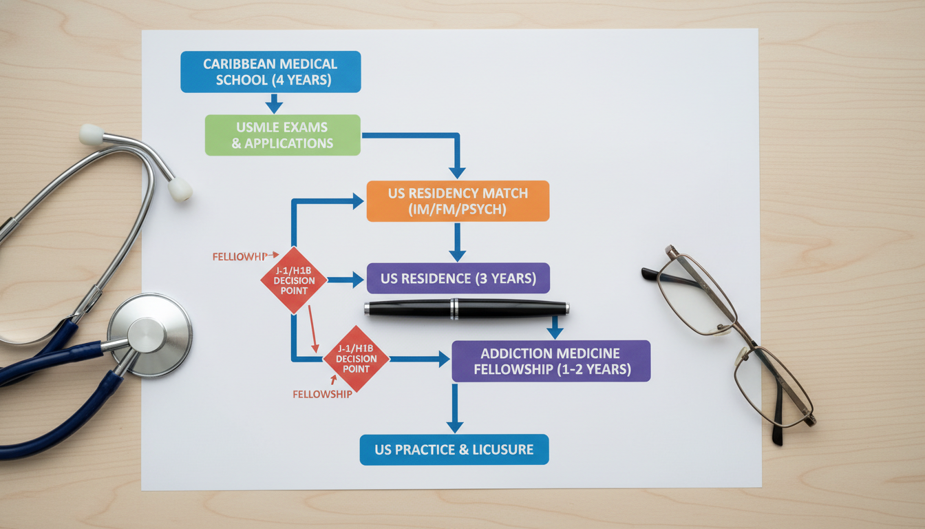 Flowchart showing residency and addiction medicine fellowship pathway with visa decision points Flowchart showing residency and addiction medicine fellowship pathway with visa decision points - Caribbean medical school re