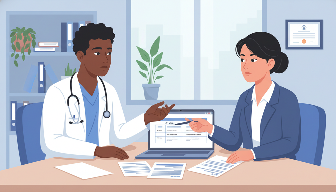 Caribbean IMG discussing J-1 and H-1B visa options with residency program coordinator Caribbean IMG discussing J-1 and H-1B visa options with residency program coordinator - Caribbean medical school residency fo