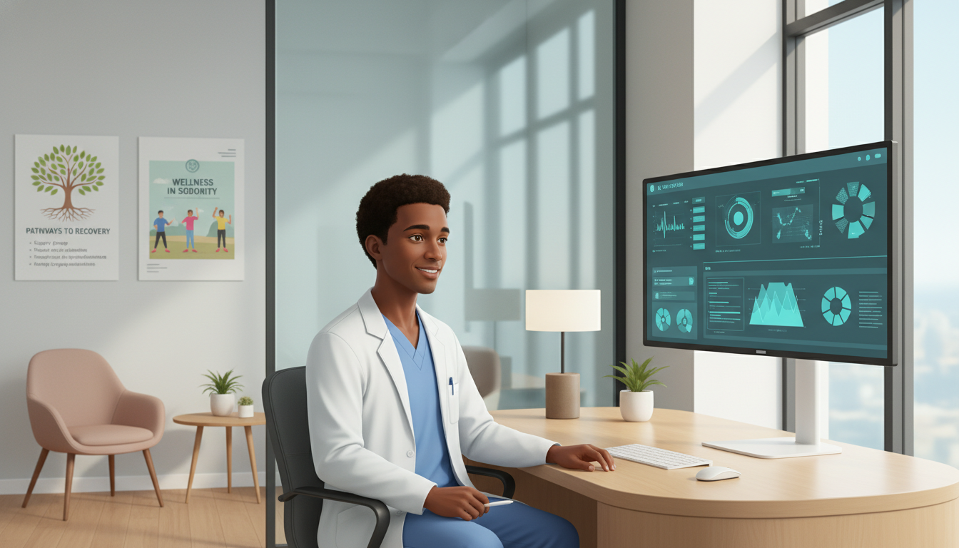 Addiction medicine fellow in outpatient clinic reviewing patient charts Addiction medicine fellow in outpatient clinic reviewing patient charts - Caribbean medical school residency for Work-Life Ba