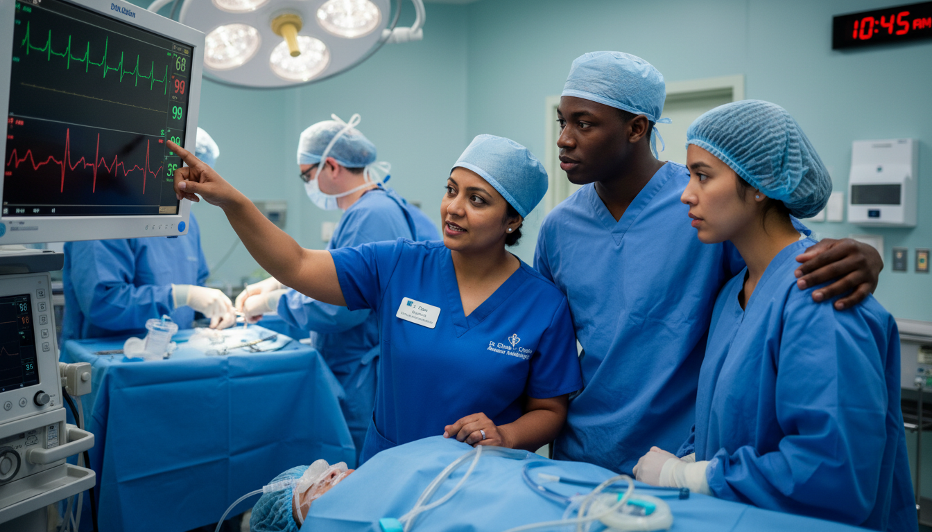 Academic anesthesiologist teaching residents in the operating room Academic anesthesiologist teaching residents in the operating room - Caribbean medical school residency for Academic vs Priva