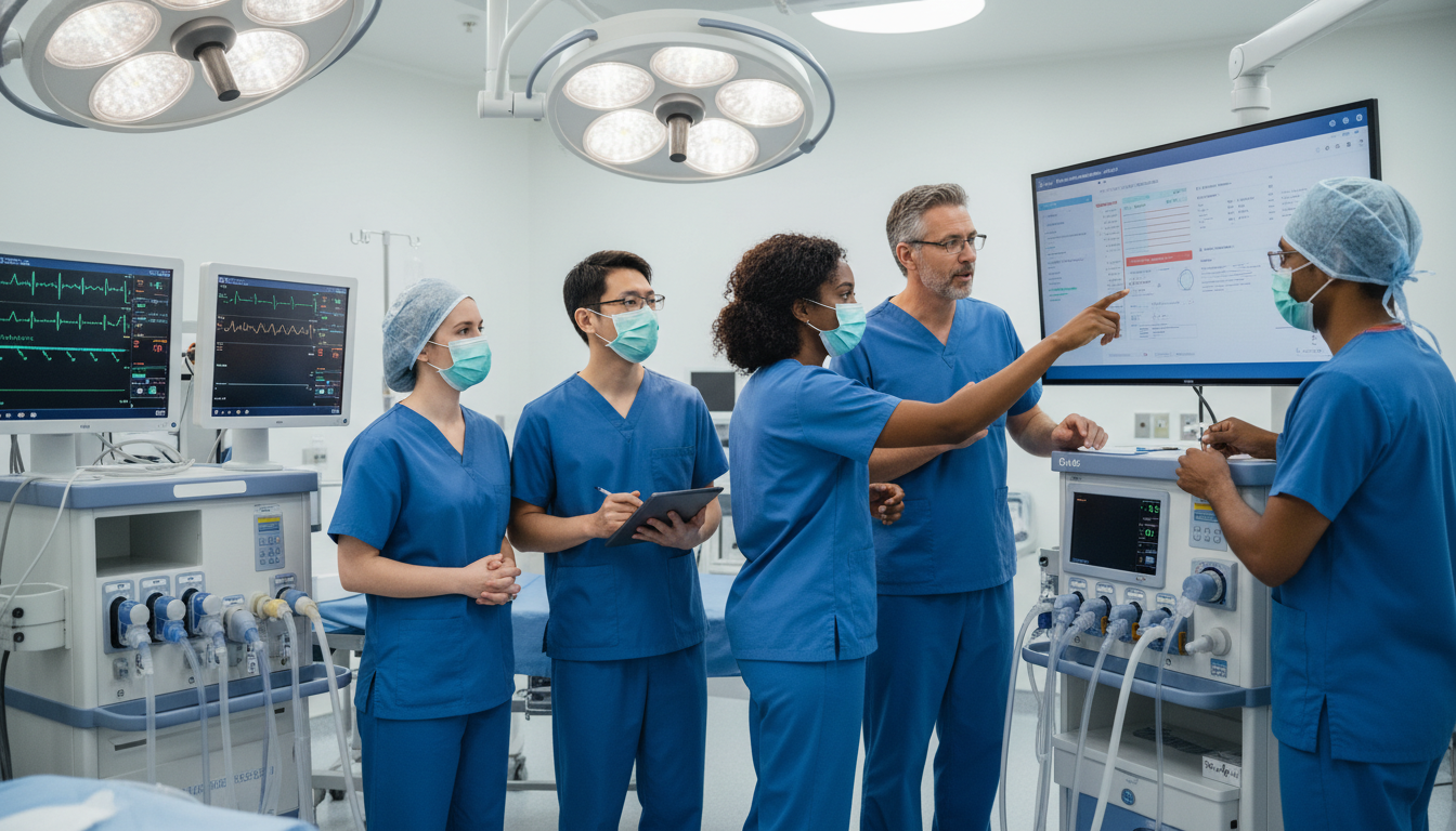 Anesthesiology residents and attending discussing case in operating room Anesthesiology residents and attending discussing case in operating room - Caribbean medical school residency for H-1B Sponso