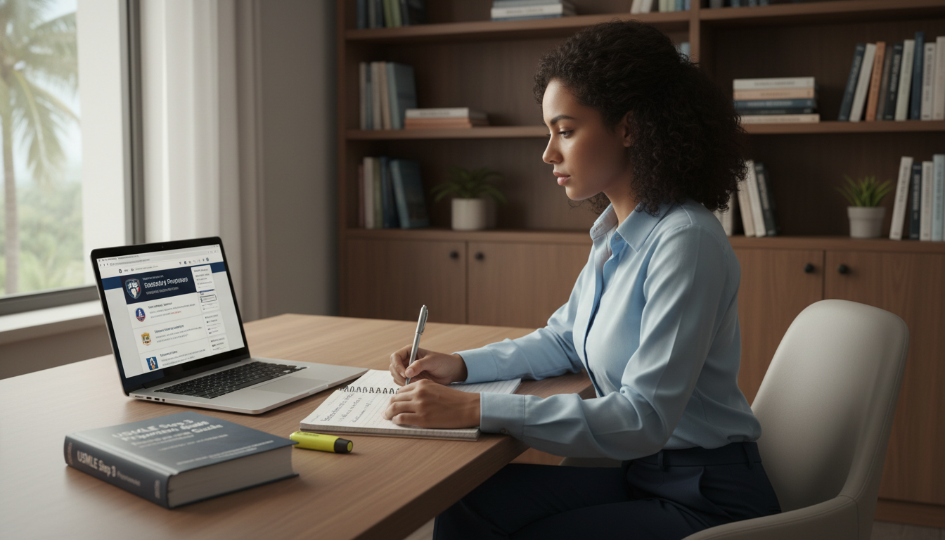 Caribbean IMG researching H-1B friendly anesthesiology programs on laptop Caribbean IMG researching H-1B friendly anesthesiology programs on laptop - Caribbean medical school residency for H-1B Spons