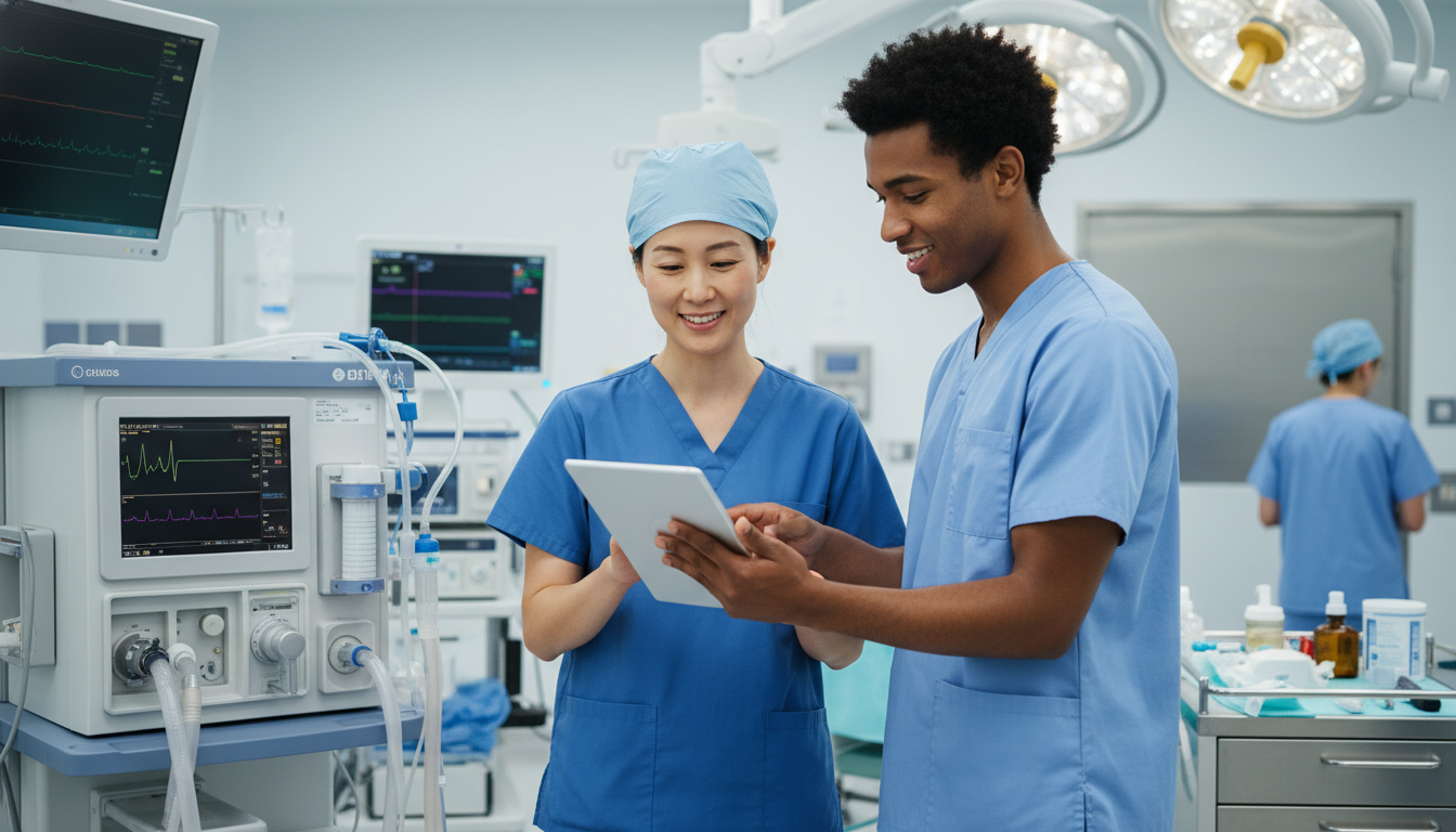 Attending anesthesiologist mentoring a Caribbean IMG student in the operating room Attending anesthesiologist mentoring a Caribbean IMG student in the operating room - Caribbean medical school residency for L