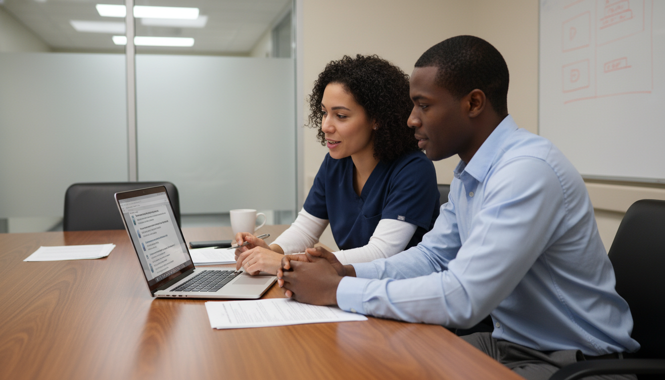 Anesthesiology resident and mentor reviewing residency program emails Anesthesiology resident and mentor reviewing residency program emails - Caribbean medical school residency for Pre-Match Comm
