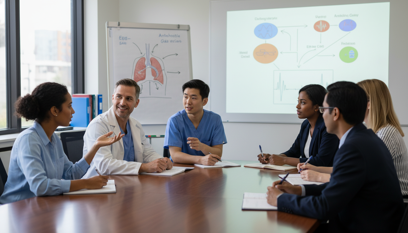 Anesthesiology residents and faculty discussing cases in a teaching conference - Caribbean medical school residency for Quest