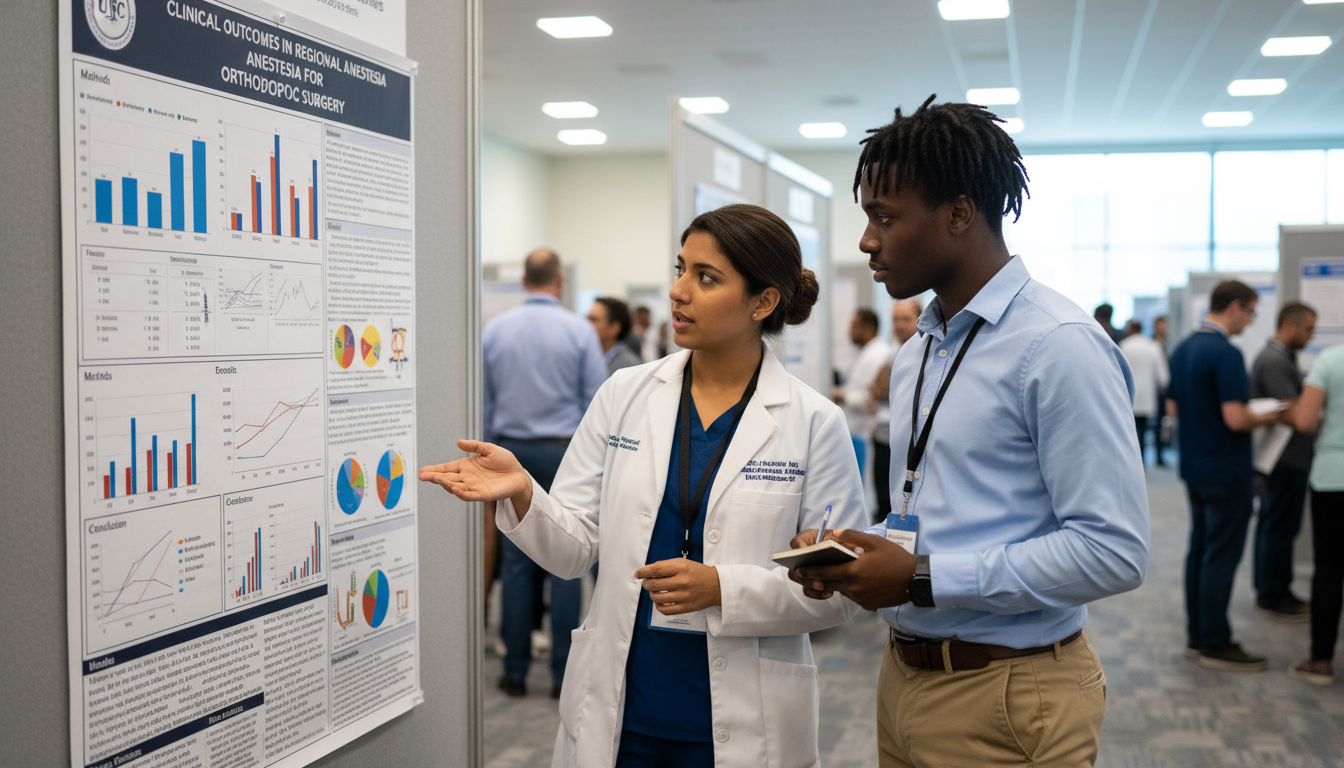 Anesthesia resident and Caribbean IMG mentor discussing research poster Anesthesia resident and Caribbean IMG mentor discussing research poster - Caribbean medical school residency for Research Pro