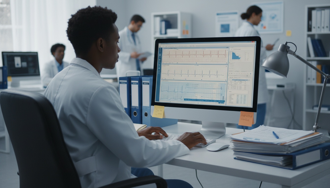 Cardiology resident reviewing ECG data for a clinical research project Cardiology resident reviewing ECG data for a clinical research project - Caribbean medical school residency for Research Duri