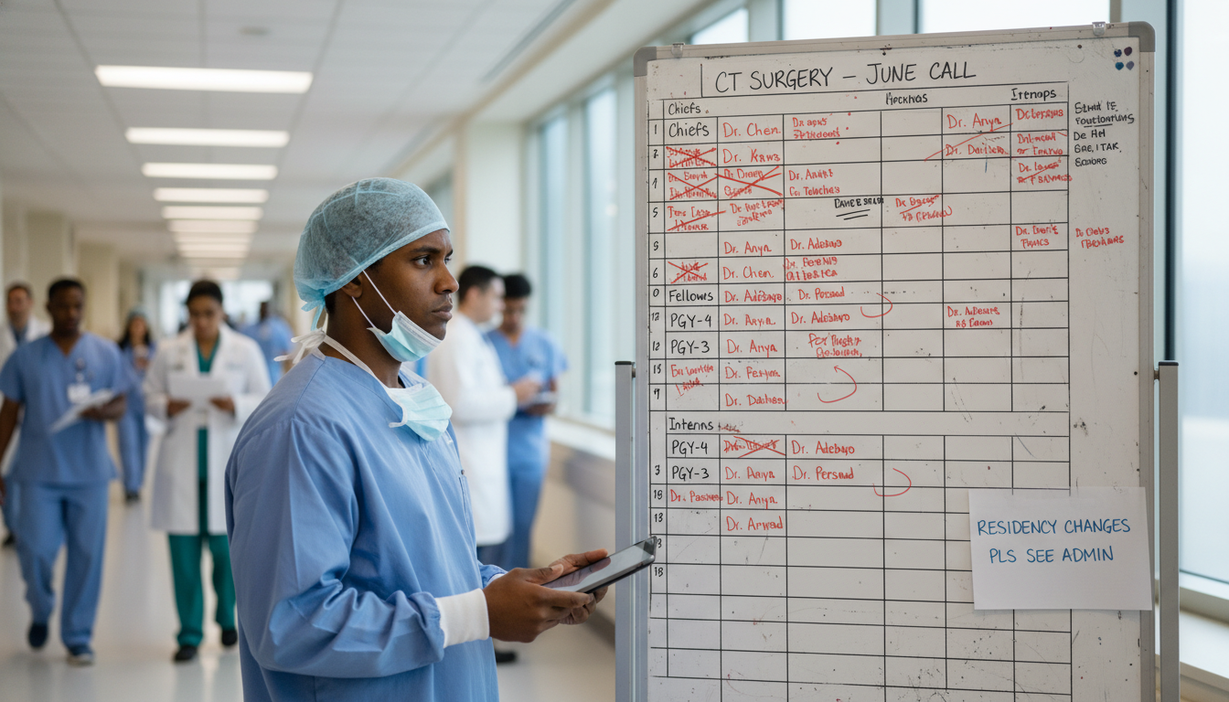 Cardiothoracic surgery resident looking concerned while reviewing call schedule Cardiothoracic surgery resident looking concerned while reviewing call schedule - Caribbean medical school residency for Resi