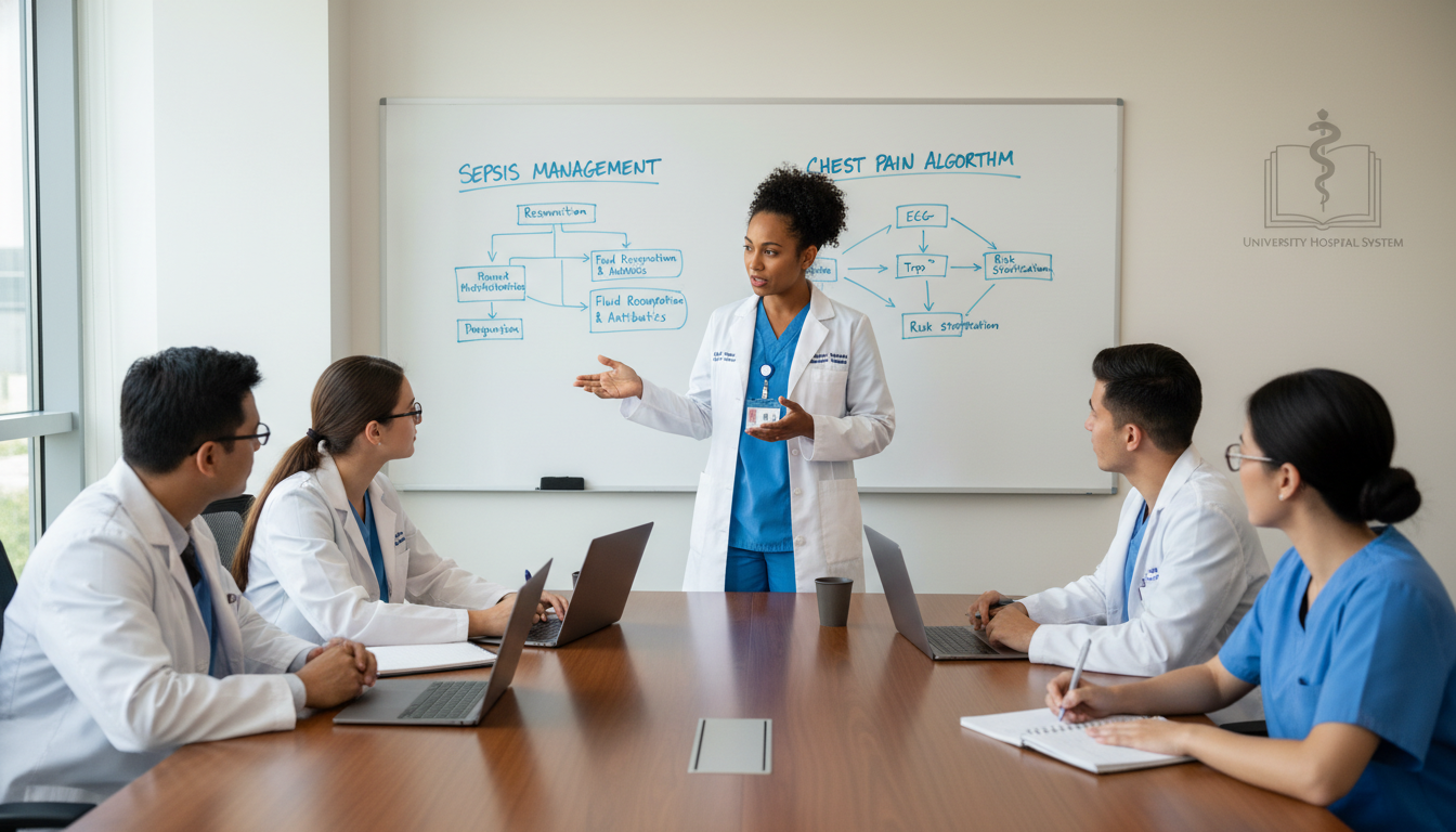 Emergency Medicine-Internal Medicine physician teaching residents at a whiteboard in an academic hospital Emergency Medicine-Internal Medicine physician teaching residents at a whiteboard in an academic hospital - Caribbean medical