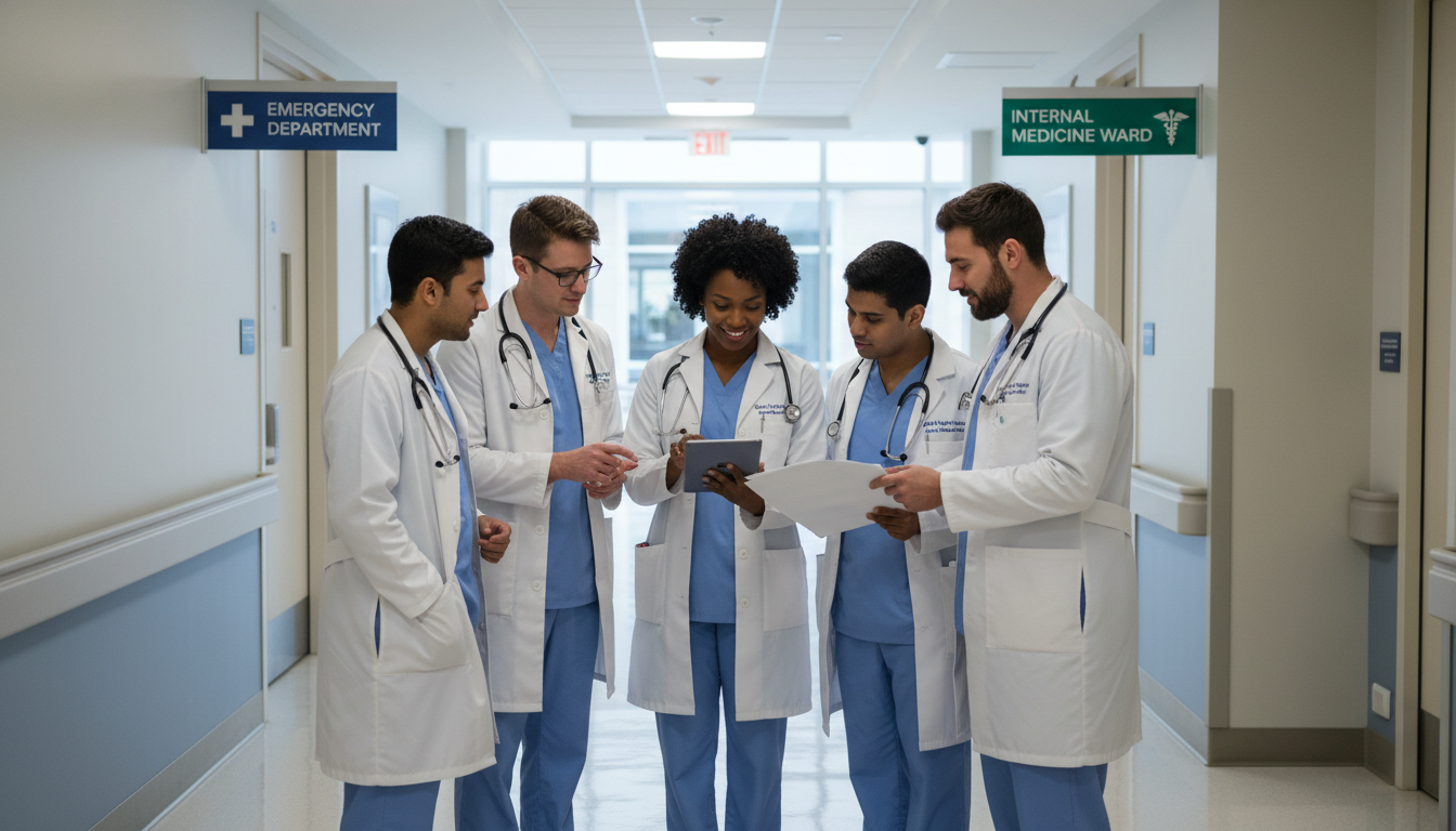 Emergency Medicine-Internal Medicine residents collaborating in a hospital setting Emergency Medicine-Internal Medicine residents collaborating in a hospital setting - Caribbean medical school residency for Q