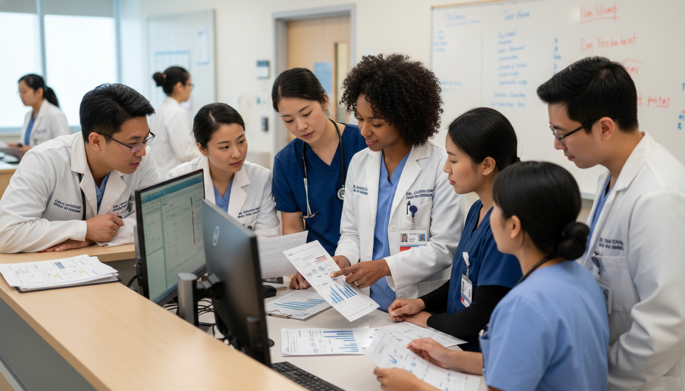 Emergency Medicine-Internal Medicine residents discussing data for a quality improvement project - Caribbean medical school r