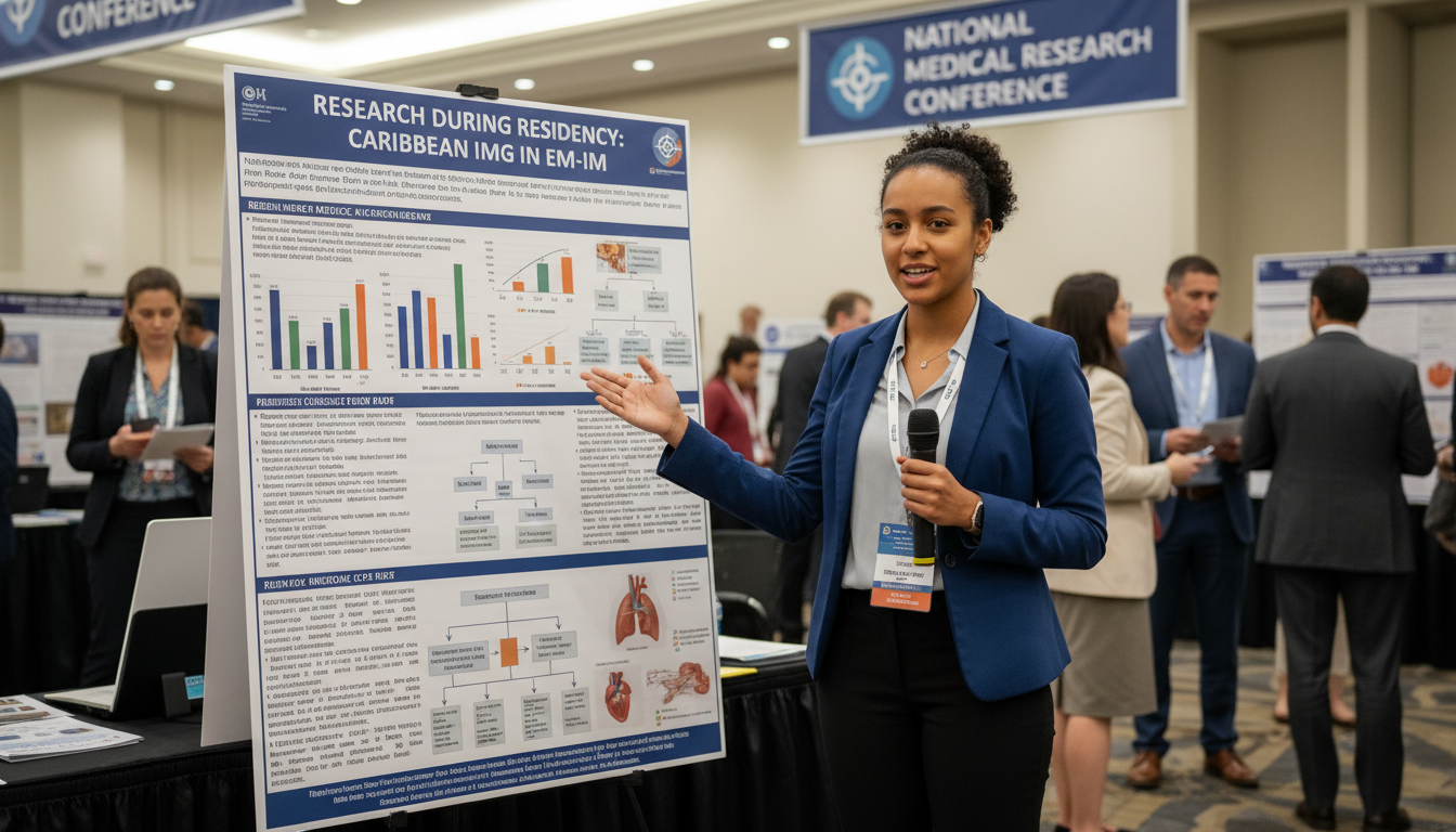 Caribbean IMG resident presenting research poster at a medical conference - Caribbean medical school residency for Research D