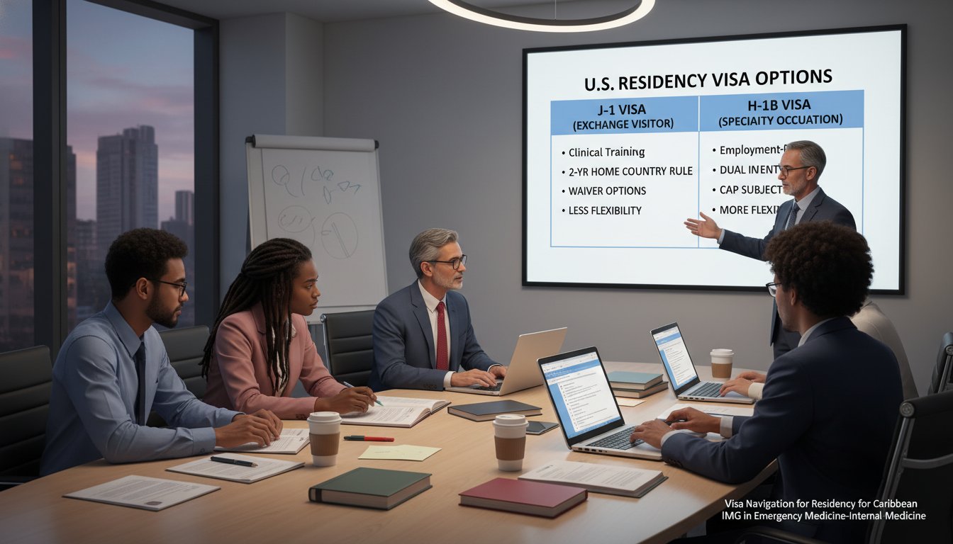 Caribbean medical graduates discussing residency visa strategy - Caribbean medical school residency for Visa Navigation for R