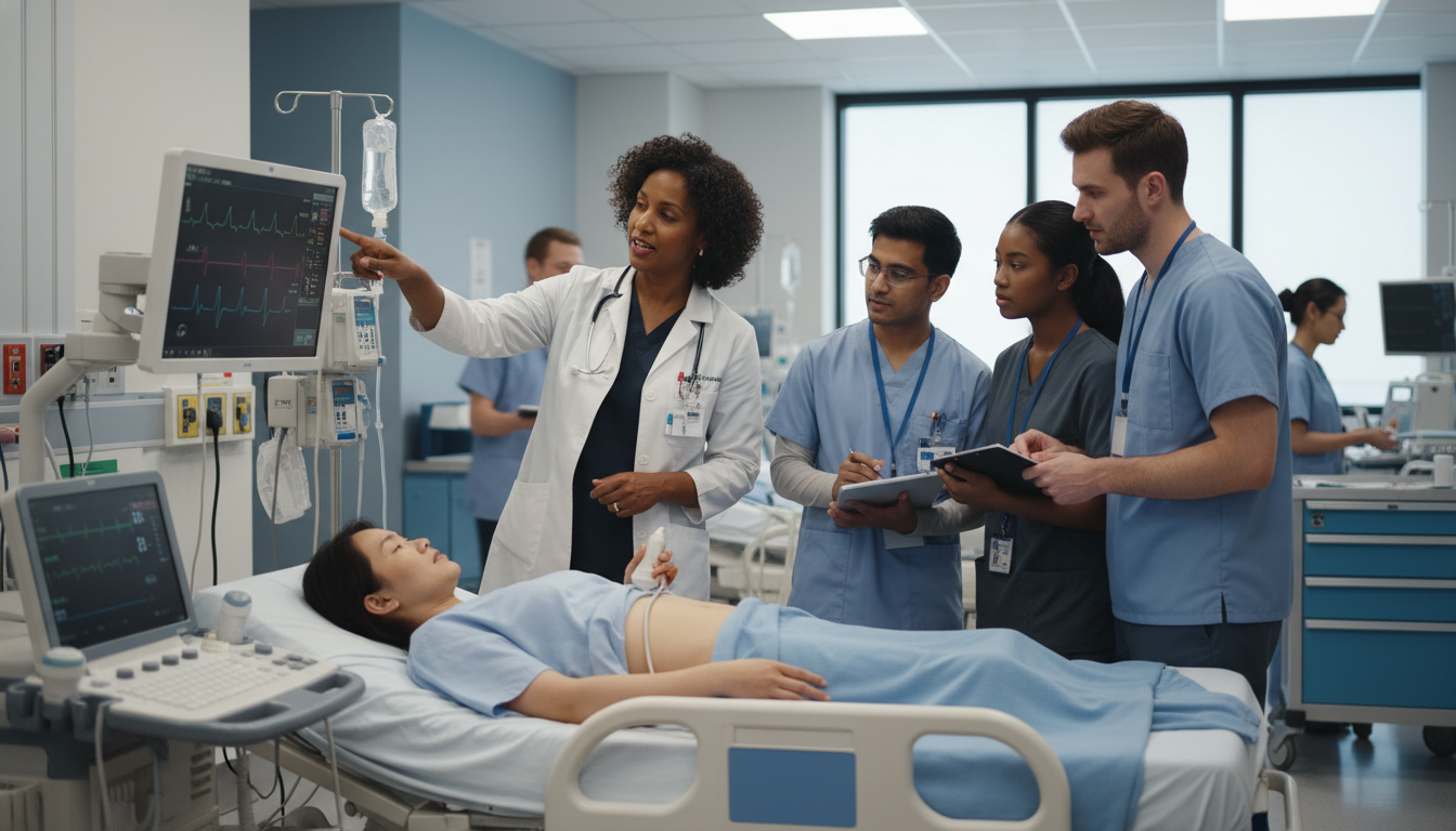 Emergency medicine attending teaching residents in an academic emergency department - Caribbean medical school residency for