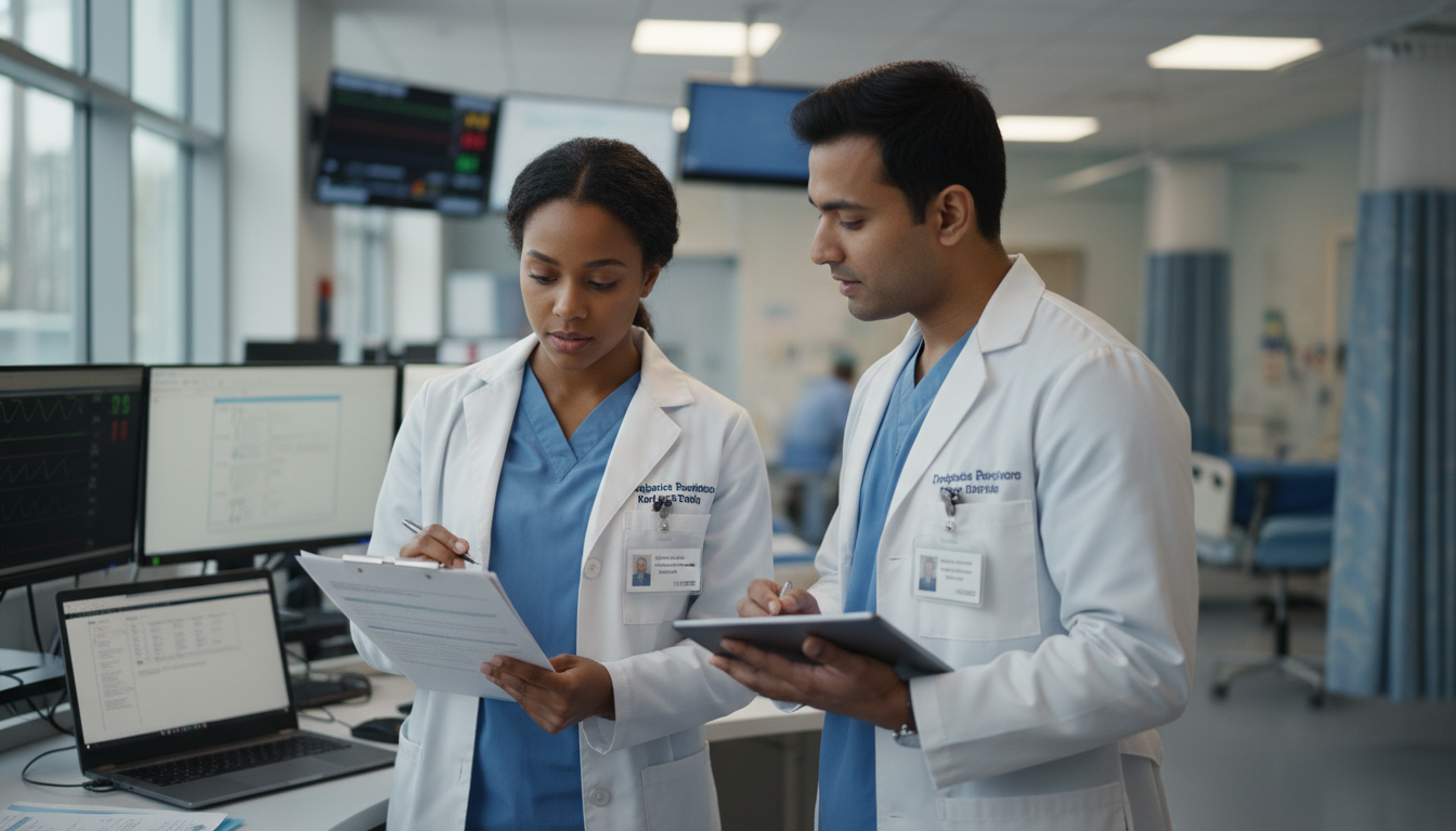 Emergency medicine resident and attending reviewing clinical performance Emergency medicine resident and attending reviewing clinical performance - Caribbean medical school residency for CV Building