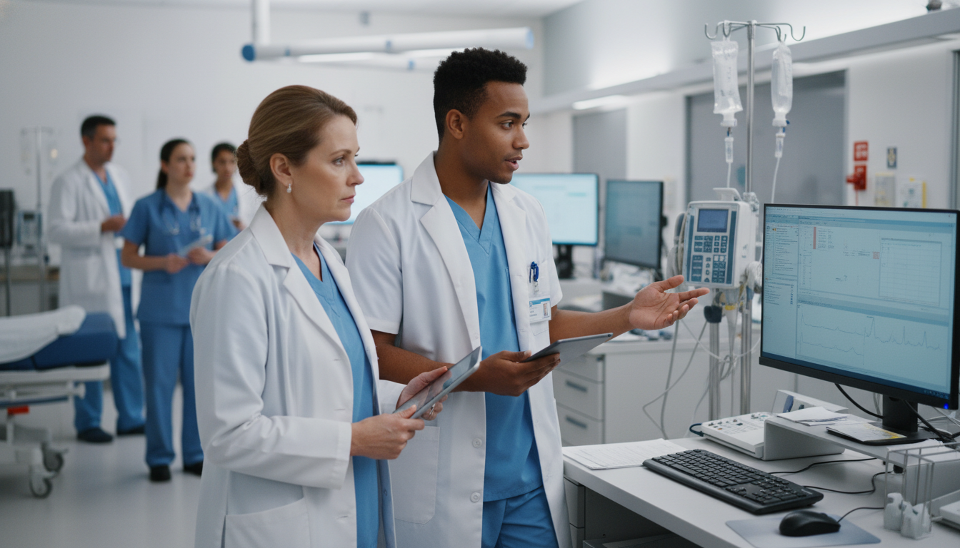 Caribbean IMG student presenting to emergency medicine attending during clinical rotation Caribbean IMG student presenting to emergency medicine attending during clinical rotation - Caribbean medical school residenc