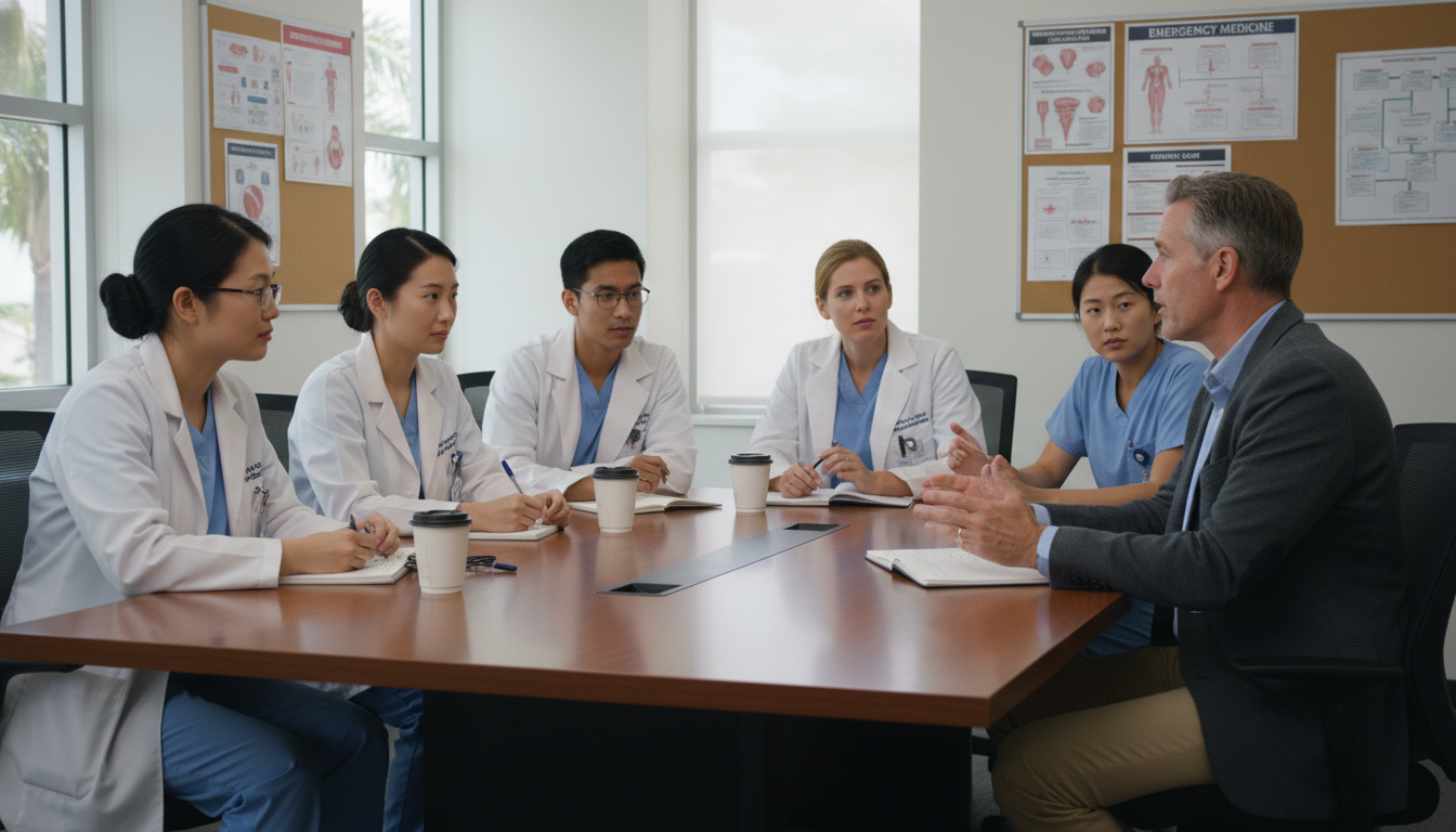 Emergency medicine residents in a discussion with faculty about program culture Emergency medicine residents in a discussion with faculty about program culture - Caribbean medical school residency for Iden