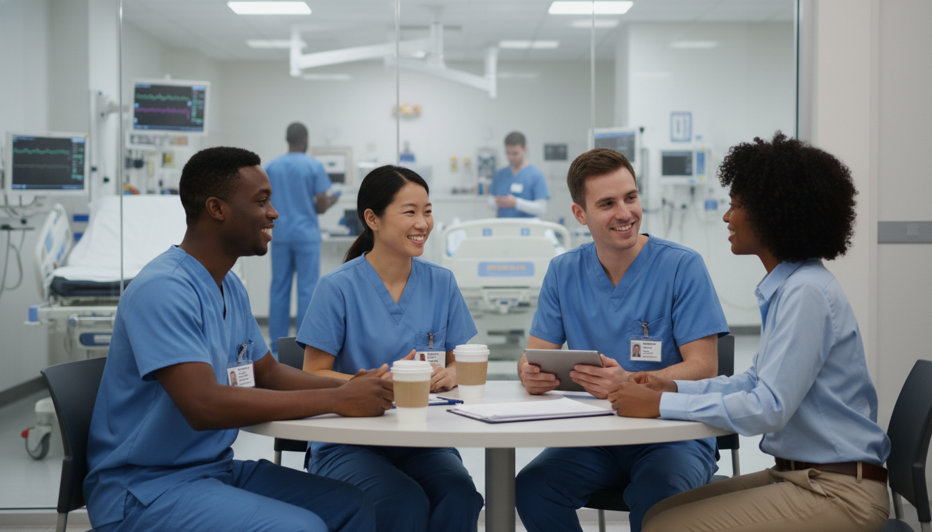 Emergency medicine residents discussing program culture with an IMG candidate - Caribbean medical school residency for Questi