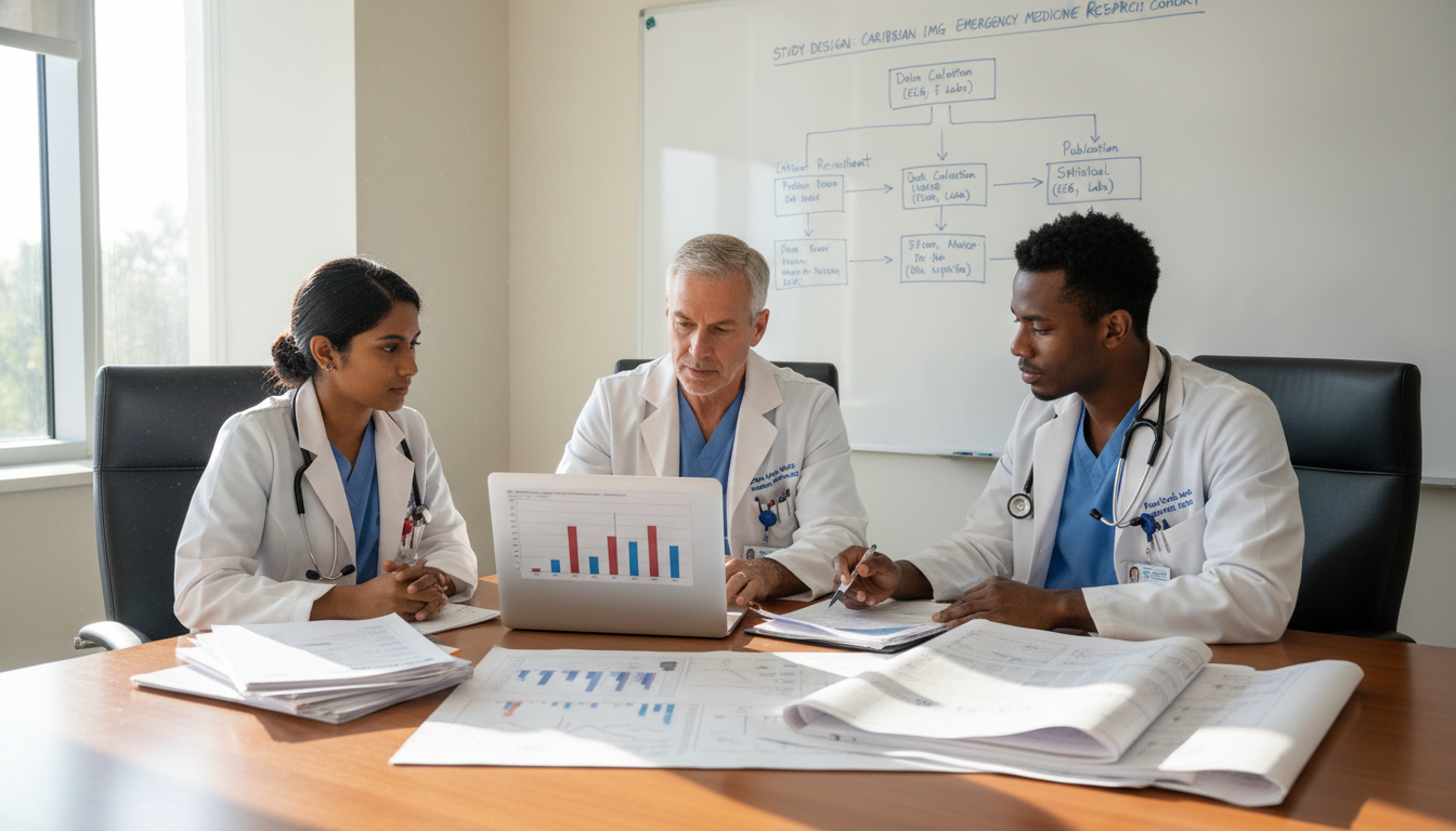 Emergency medicine research team meeting with data and charts on table Emergency medicine research team meeting with data and charts on table - Caribbean medical school residency for Research Duri