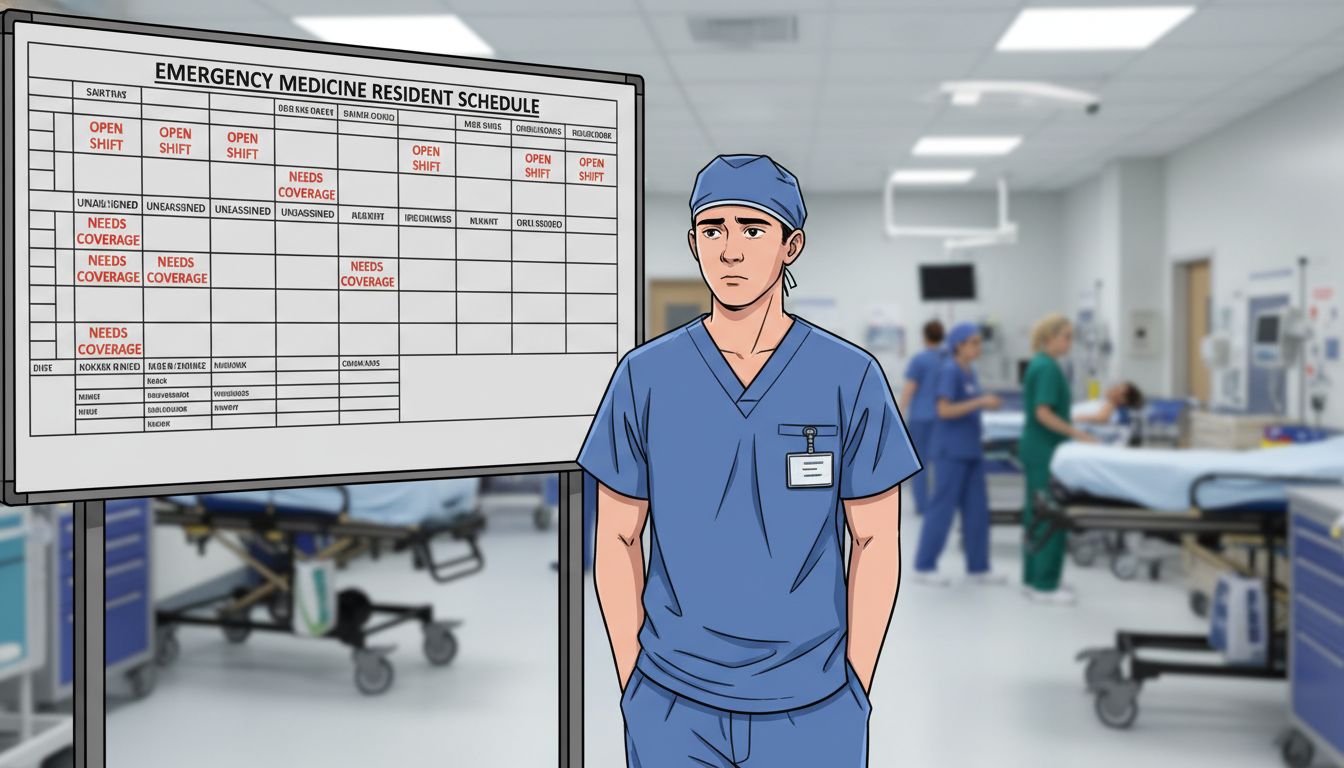Emergency medicine resident reviewing scheduling board with vacant shifts indicating understaffing Emergency medicine resident reviewing scheduling board with vacant shifts indicating understaffing - Caribbean medical school