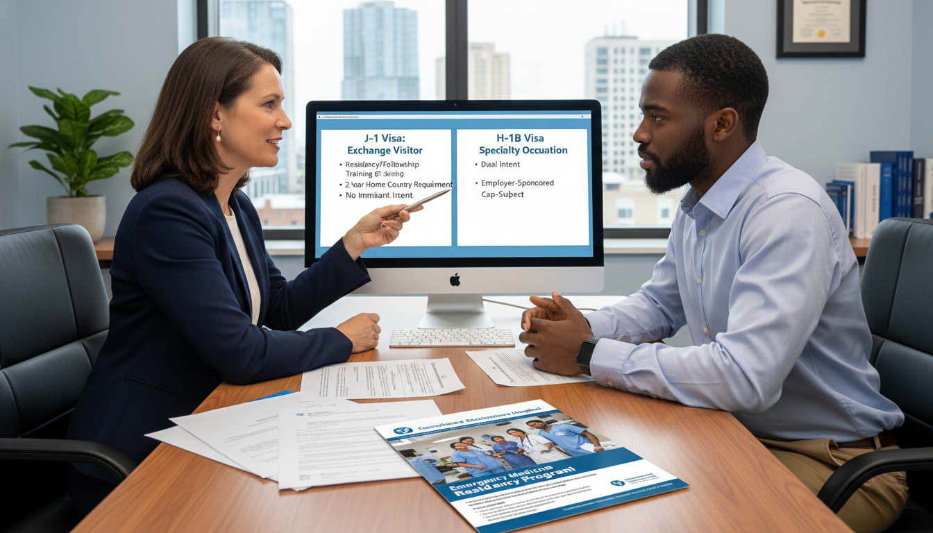 Hospital GME Office Discussing J-1 vs H-1B Options Hospital GME Office Discussing J-1 vs H-1B Options - Caribbean medical school residency for Visa Navigation for Residency for