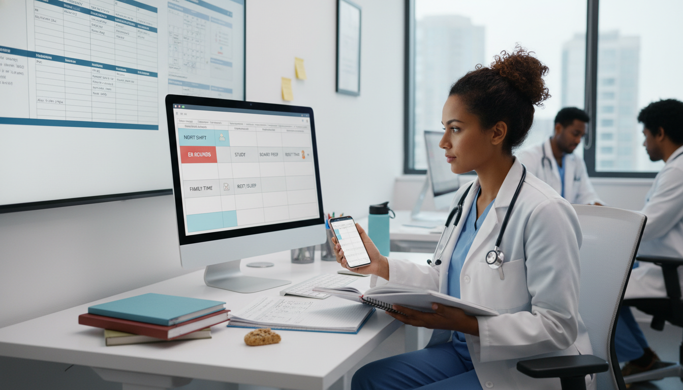 Emergency medicine resident reviewing shift schedule and planning personal time Emergency medicine resident reviewing shift schedule and planning personal time - Caribbean medical school residency for Work