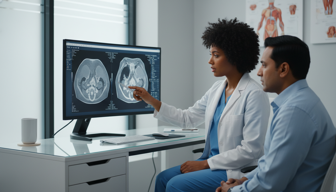 Private practice otolaryngologist consulting with patient in clinic Private practice otolaryngologist consulting with patient in clinic - Caribbean medical school residency for Academic vs Priv