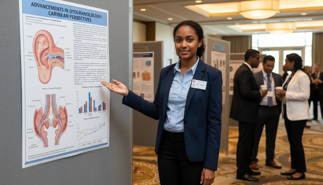 Medical student presenting ENT research poster Medical student presenting ENT research poster - Caribbean medical school residency for CV Building for Caribbean IMG in Otol