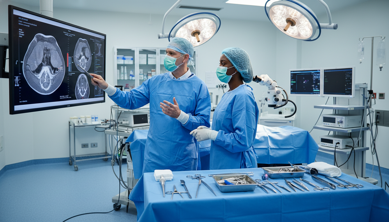 Otolaryngology resident and attending in operating room reviewing sinus CT scan Otolaryngology resident and attending in operating room reviewing sinus CT scan - Caribbean medical school residency for H-1B