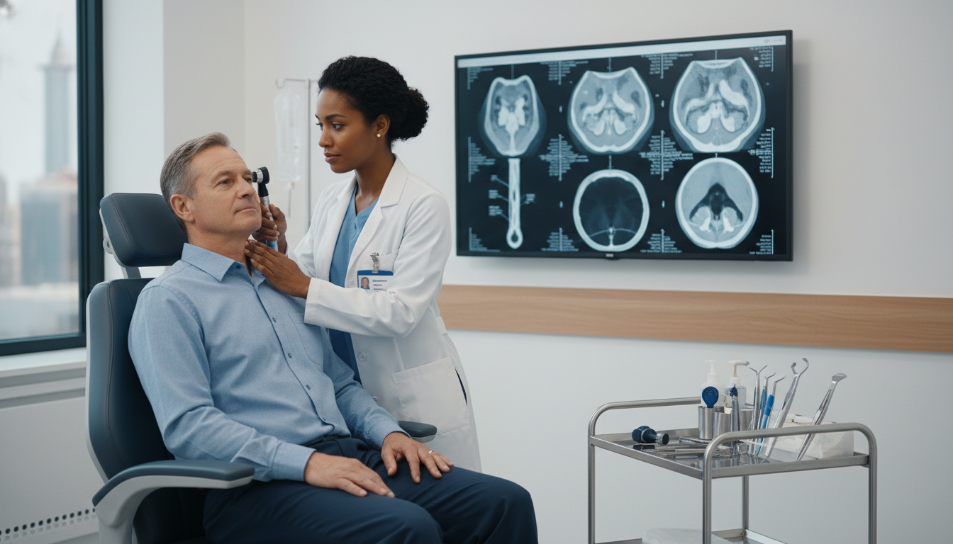 Otolaryngology resident in clinic with patient - Caribbean medical school residency for Common Interview Questions for Caribb