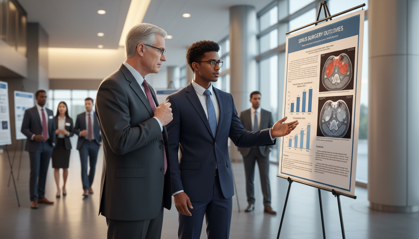 Caribbean IMG discussing research poster with ENT mentor Caribbean IMG discussing research poster with ENT mentor - Caribbean medical school residency for Networking in Medicine for