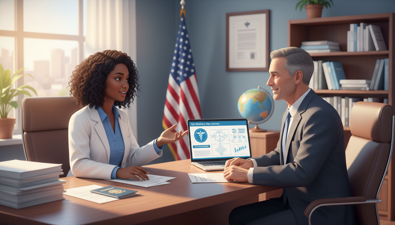 Medical resident discussing ENT residency visa options with advisor - Caribbean medical school residency for Visa Navigation