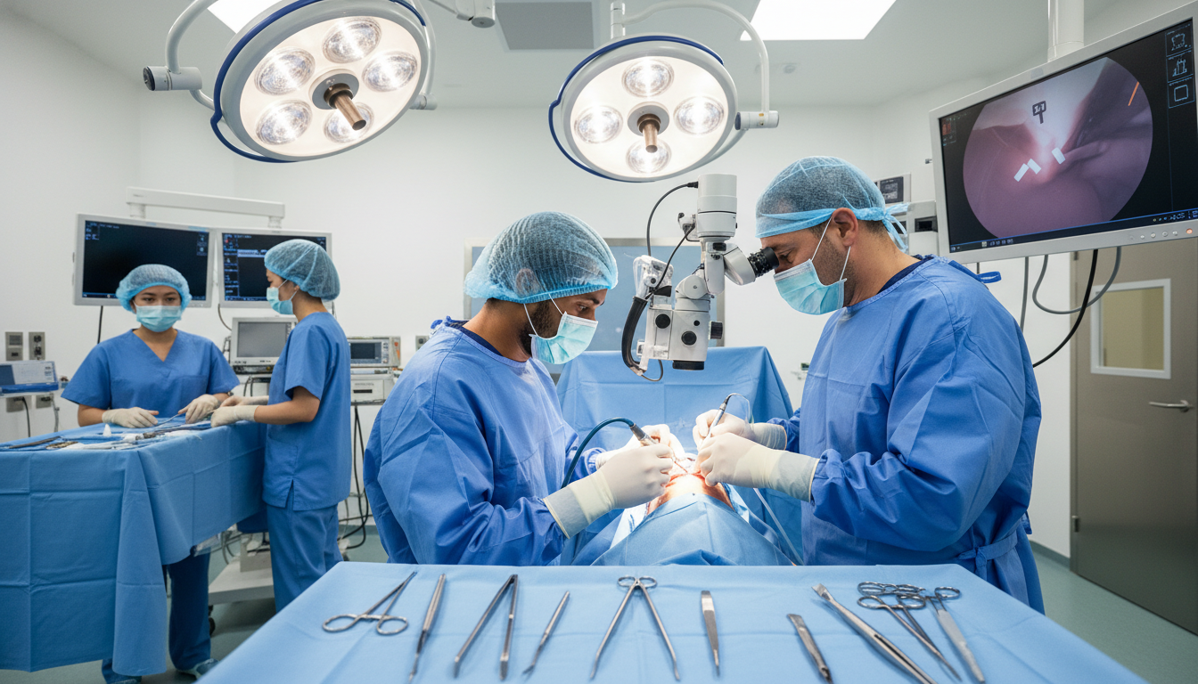 Otolaryngology resident performing surgery while team collaborates Otolaryngology resident performing surgery while team collaborates - Caribbean medical school residency for Work-Life Balance