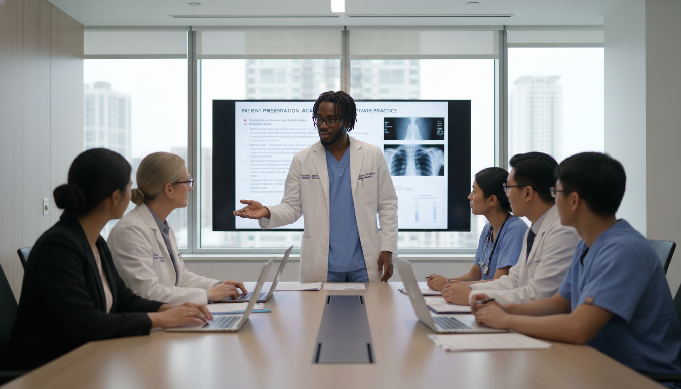 Academic family medicine team teaching residents and medical students Academic family medicine team teaching residents and medical students - Caribbean medical school residency for Academic vs Pr