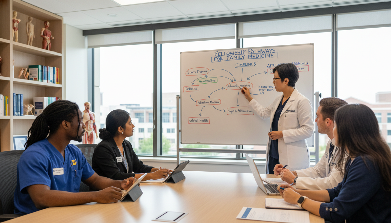 Family medicine residents discussing fellowship pathways with mentor Family medicine residents discussing fellowship pathways with mentor - Caribbean medical school residency for Fellowship Prep