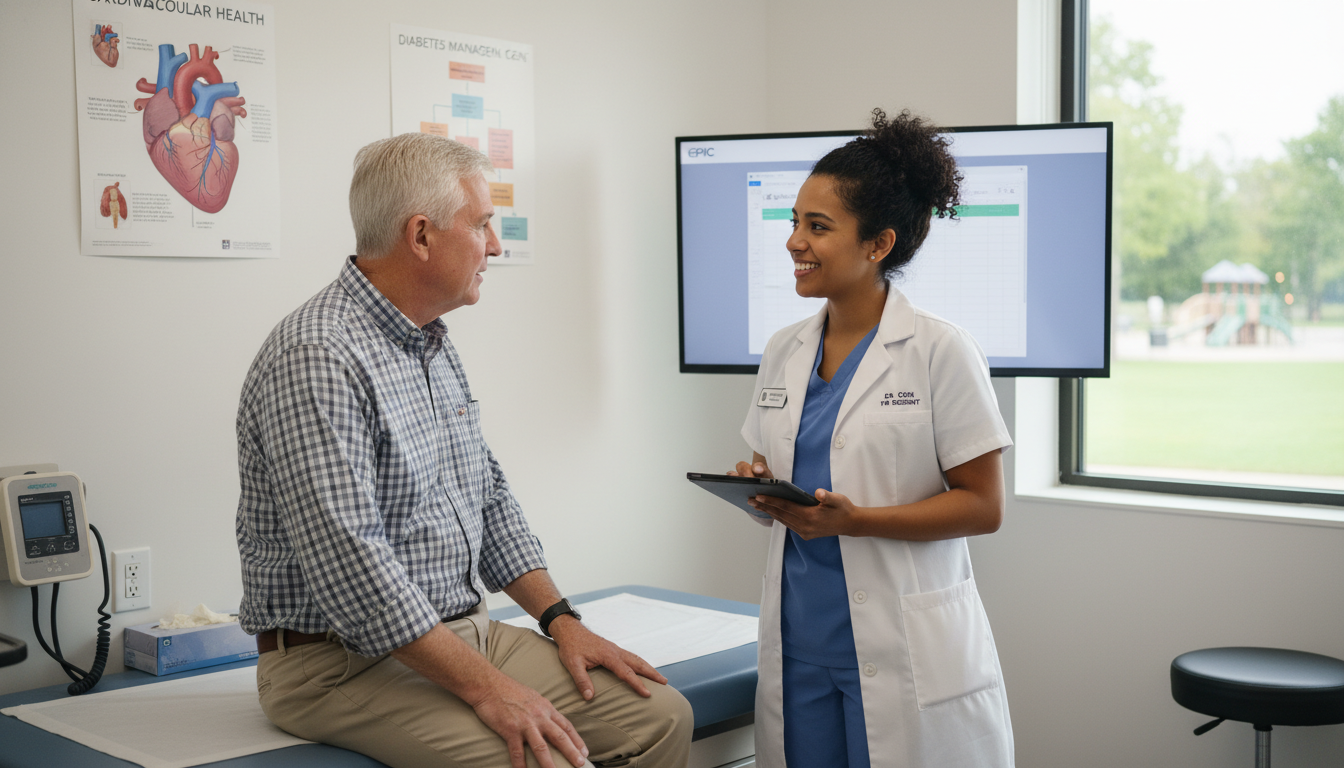 Family medicine resident interacting with diverse patients in clinic - Caribbean medical school residency for Common Intervie