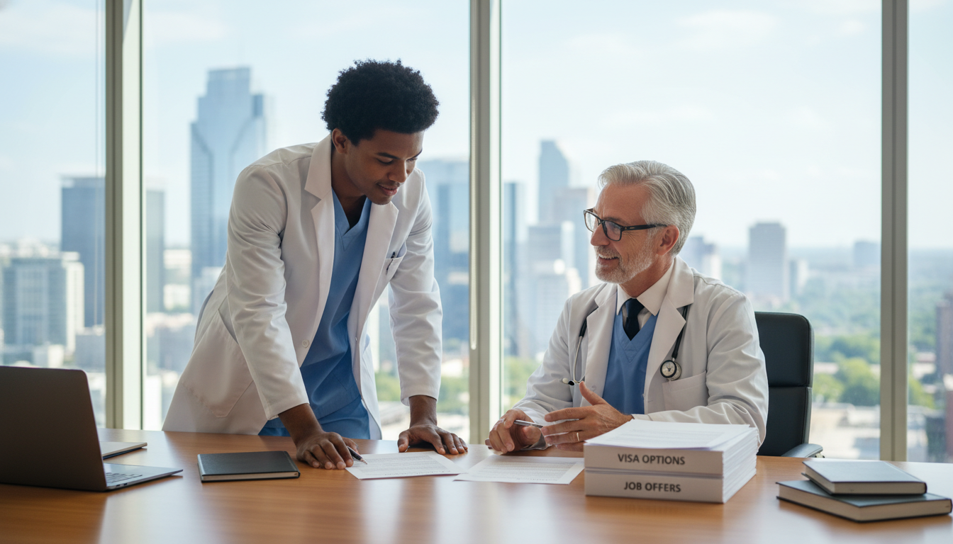 Caribbean IMG discussing visa and job options with mentor - Caribbean medical school residency for Job Search Timing for Cari