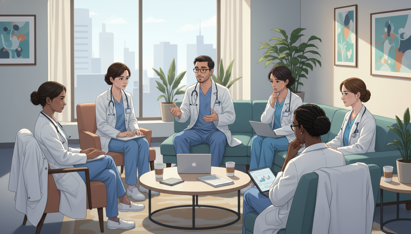 Family medicine residents discussing workload and wellness Family medicine residents discussing workload and wellness - Caribbean medical school residency for Identifying Malignant Pro