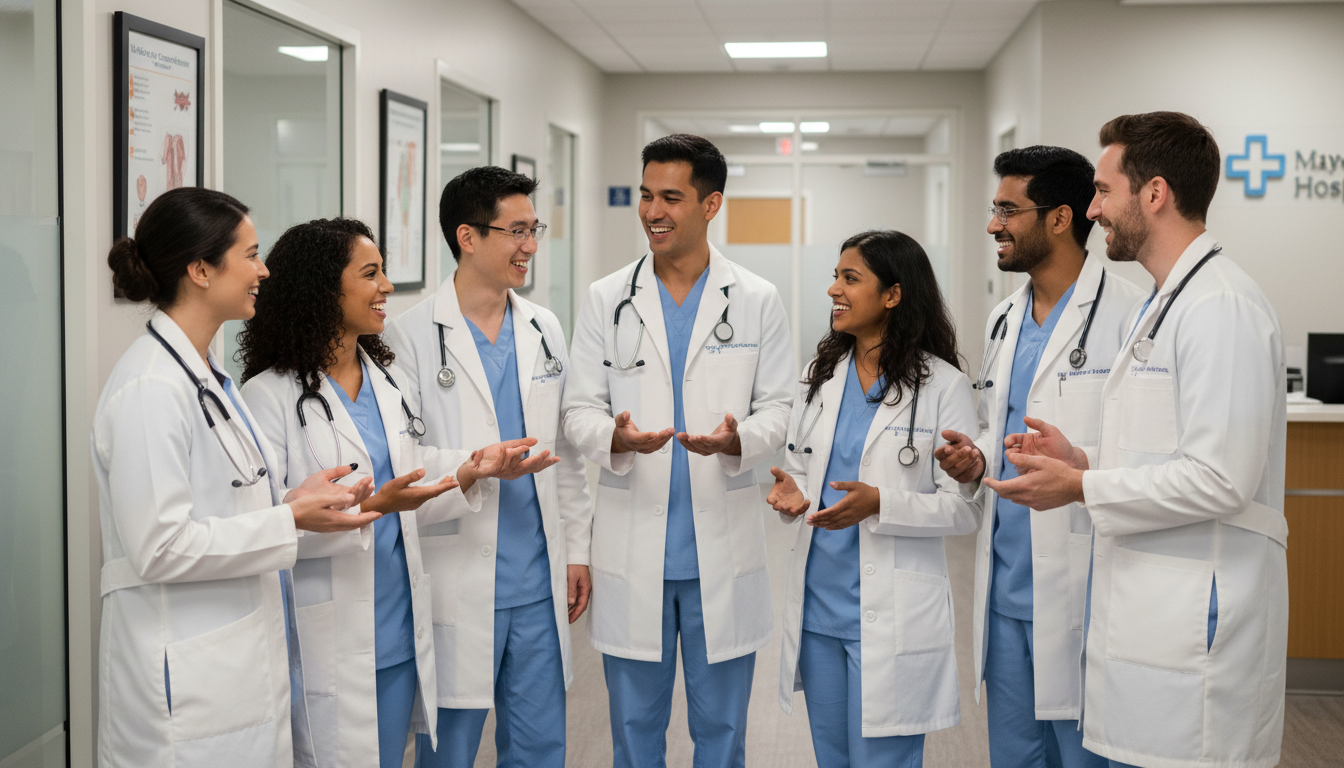 Family medicine residents from diverse international backgrounds in clinic - Caribbean medical school residency for Program S