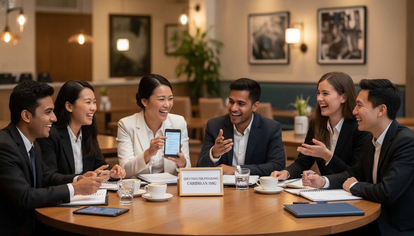 Group of family medicine residents discussing questions during pre-interview dinner Group of family medicine residents discussing questions during pre-interview dinner - Caribbean medical school residency for