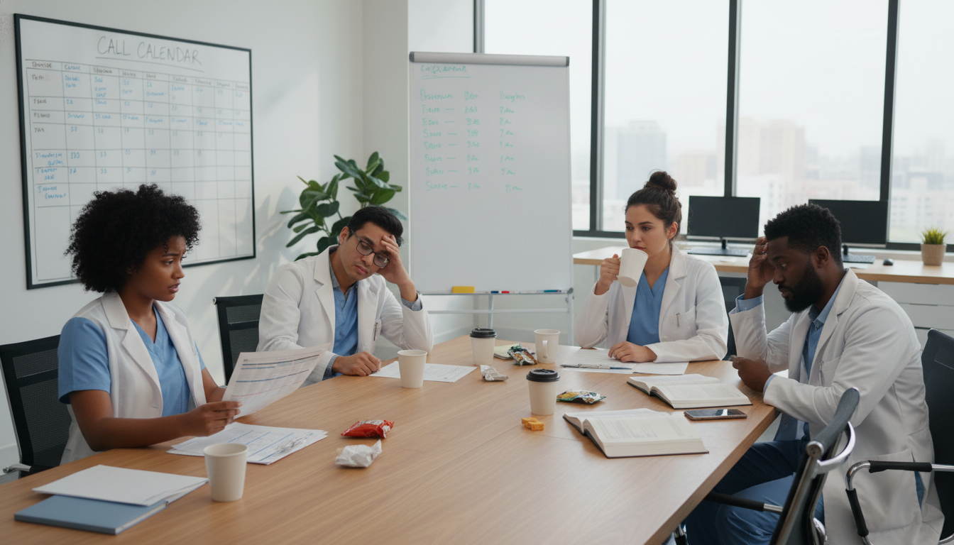 Family medicine residents reviewing clinic schedules Family medicine residents reviewing clinic schedules - Caribbean medical school residency for Resident Turnover Warning Signs