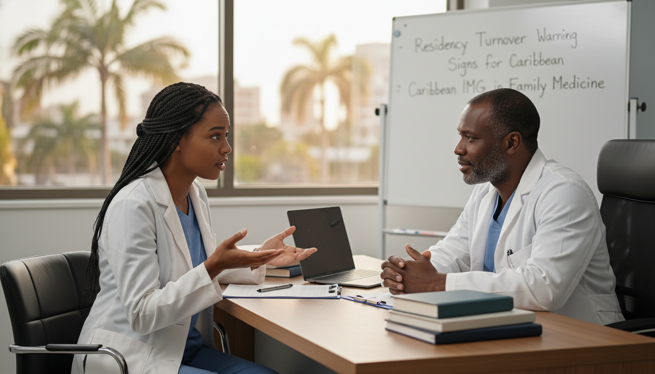 Caribbean IMG family medicine resident speaking with mentor Caribbean IMG family medicine resident speaking with mentor - Caribbean medical school residency for Resident Turnover Warnin