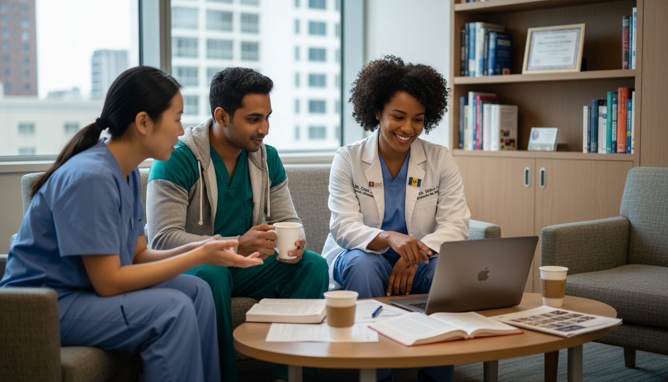 Surgical residents discussing program culture and workload Surgical residents discussing program culture and workload - Caribbean medical school residency for Questions to Ask Programs