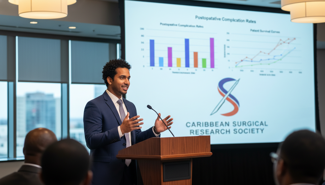 General surgery resident presenting research at a medical conference General surgery resident presenting research at a medical conference - Caribbean medical school residency for Research During