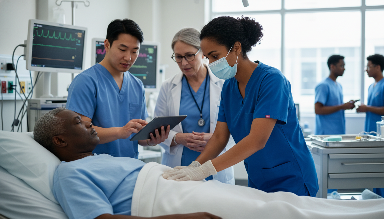 General surgery resident examining patient General surgery resident examining patient - Caribbean medical school residency for USMLE Step 2 CK Preparation for Caribbean