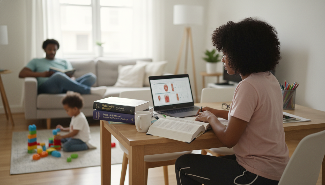 Surgery resident studying at home with family nearby Surgery resident studying at home with family nearby - Caribbean medical school residency for Work-Life Balance Assessment fo